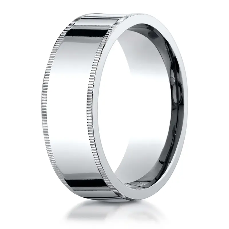 14K white gold 8mm. high polish Benchmark-Plain-Flat-Milgrain-Comfort-Fit-Wedding- - alternate view 6