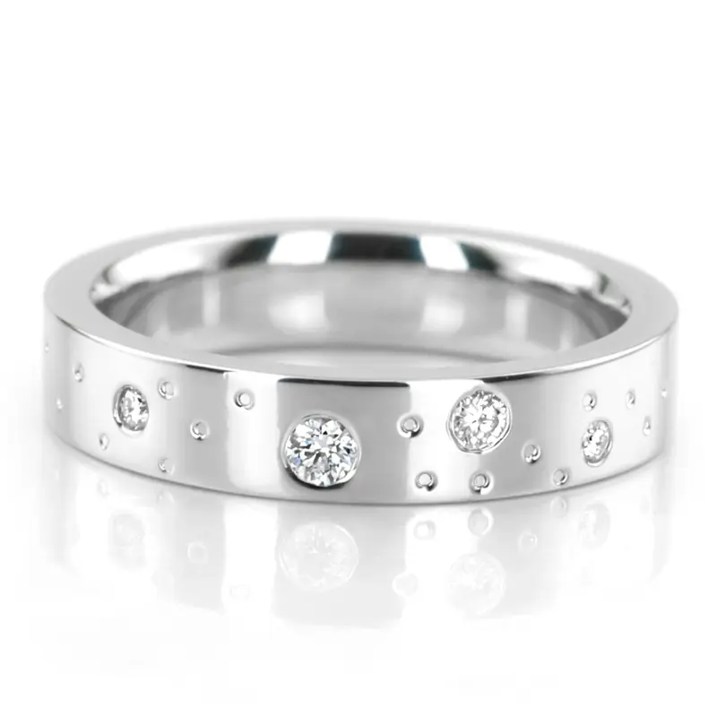 14K white gold 4mm. high polish Starstruck-Designer-Flat-Comfort-Fit-Wedding-Band - main view