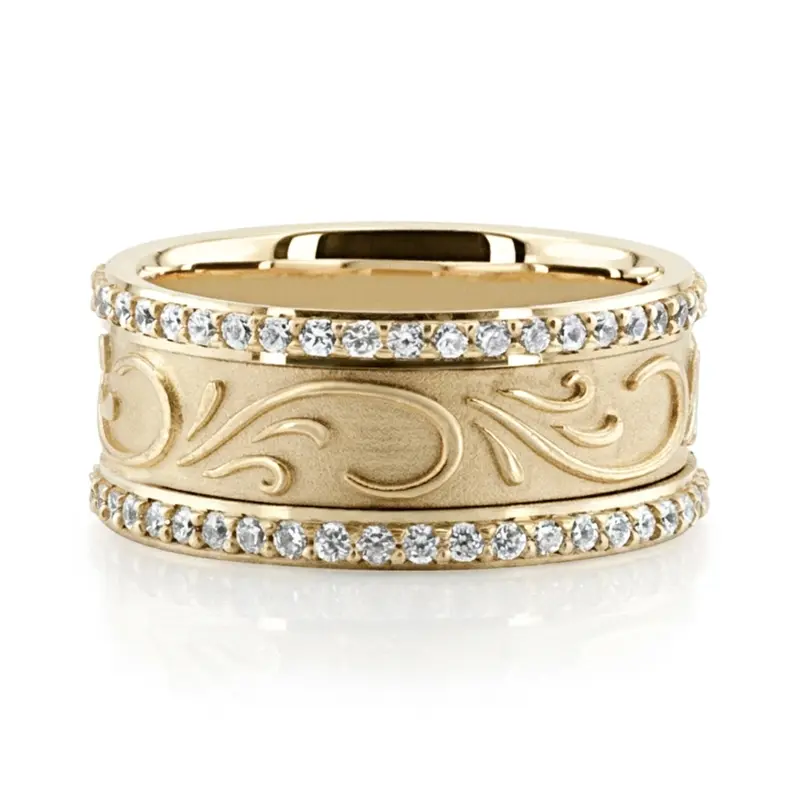 14K yellow gold 9mm. same as picture Scroll Engraved Diamond Edge Fancy Wedding Ring - alternate view 4