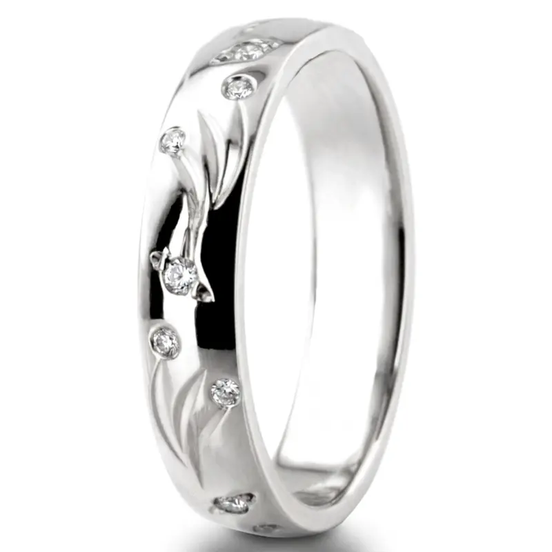 14K white gold 4mm. high polish Leaf-Carved-Diamond-Wedding-Ring - alternate view 4