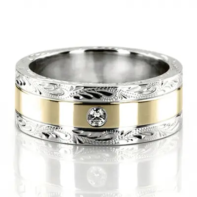 18K white-yellow-white gold 8mm. high polish floral-design-diamond-wedding-ring - alternate view 3 thumbnail