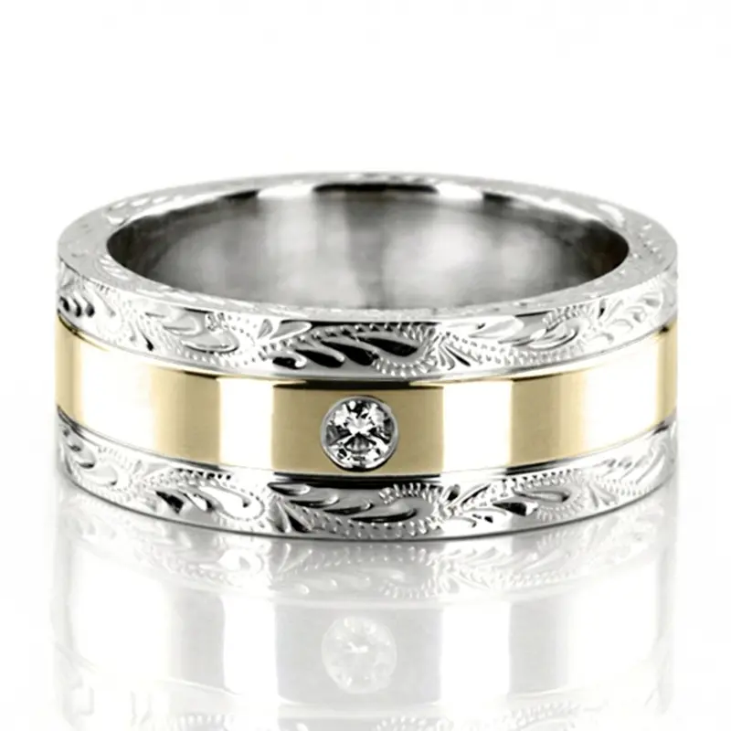 18K white-yellow-white gold 8mm. high polish floral-design-diamond-wedding-ring - alternate view 3