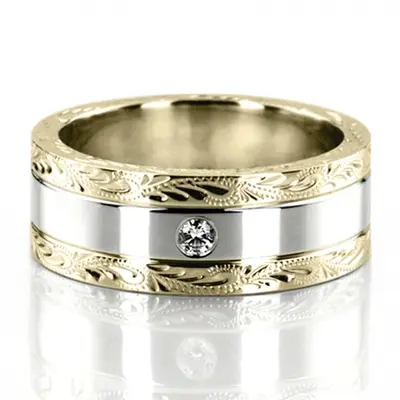 18K yellow-white-yellow gold 8mm. high polish floral-design-diamond-wedding-ring - alternate view 4 thumbnail