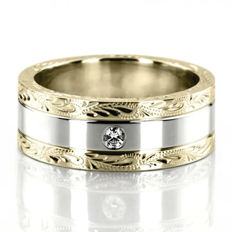 18K yellow-white-yellow gold 8mm. high polish floral-design-diamond-wedding-ring - alternate view 4