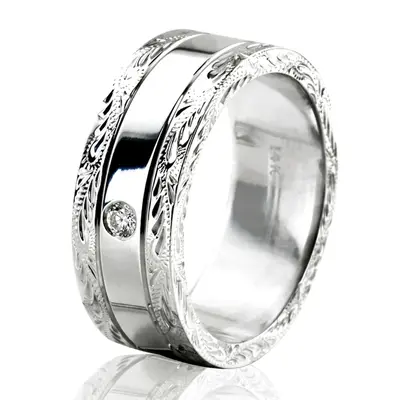 18K white gold 8mm. high polish floral-design-diamond-wedding-ring - alternate view 6 thumbnail