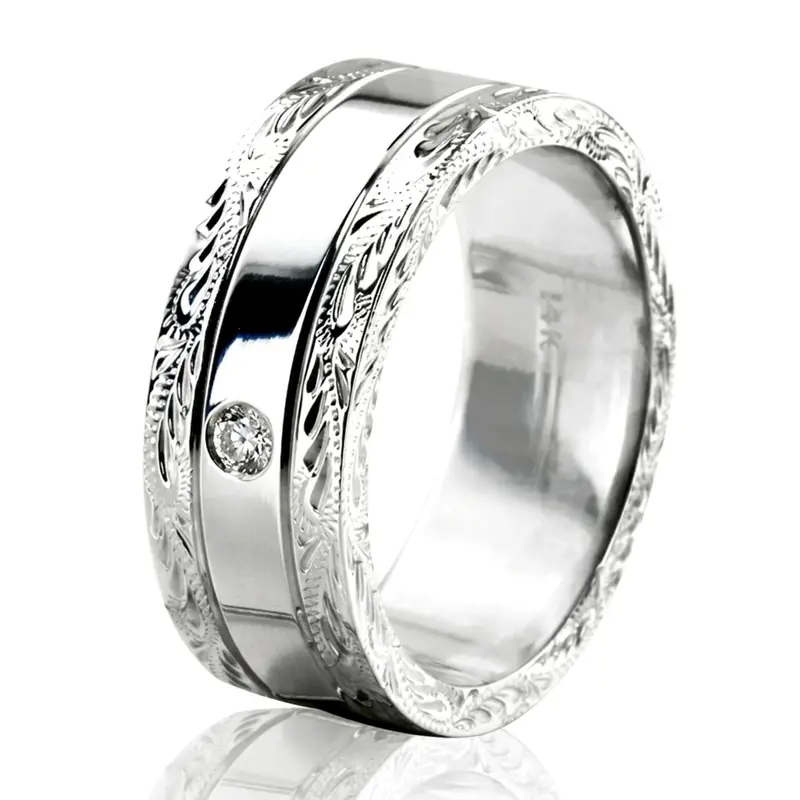 18K white gold 8mm. high polish floral-design-diamond-wedding-ring - alternate view 6
