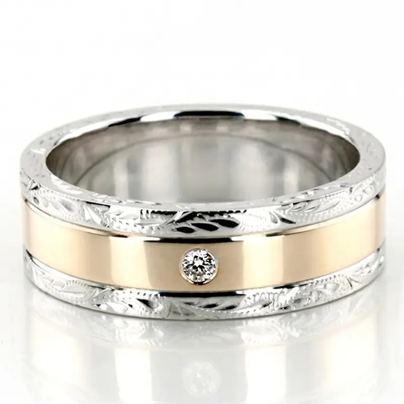 18K white-yellow-white gold 8mm. high polish floral-design-diamond-wedding-ring - alternate view 5