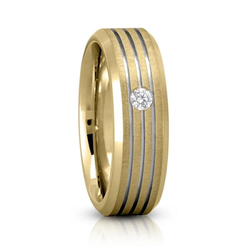 14K yellow-white-yellow gold 7mm. cross satin Line-Cut-Solitaire-Diamond-Wedding-Band - main view