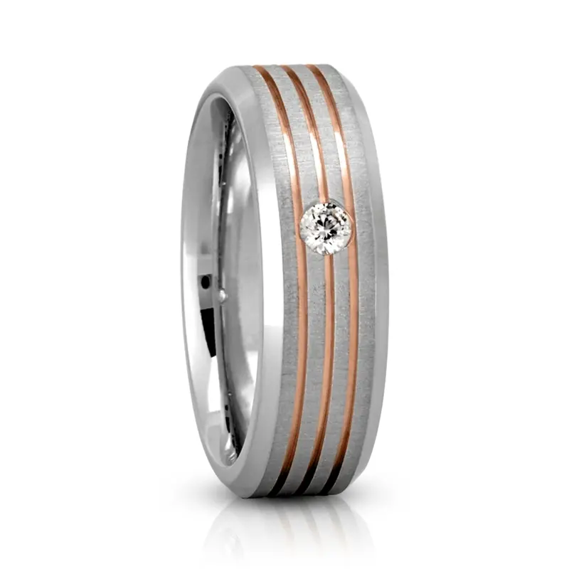 14K white-pink-white gold 7mm. cross satin Line-Cut-Solitaire-Diamond-Wedding-Band - alternate view 6