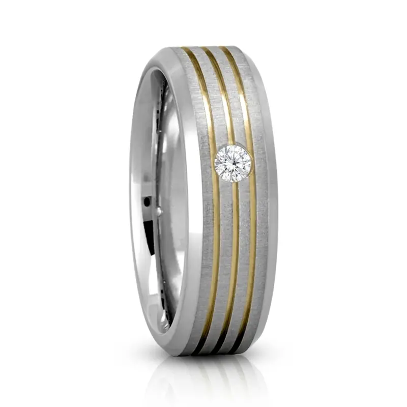 14K white-yellow-white gold 7mm. cross satin Line-Cut-Solitaire-Diamond-Wedding-Band - alternate view 5
