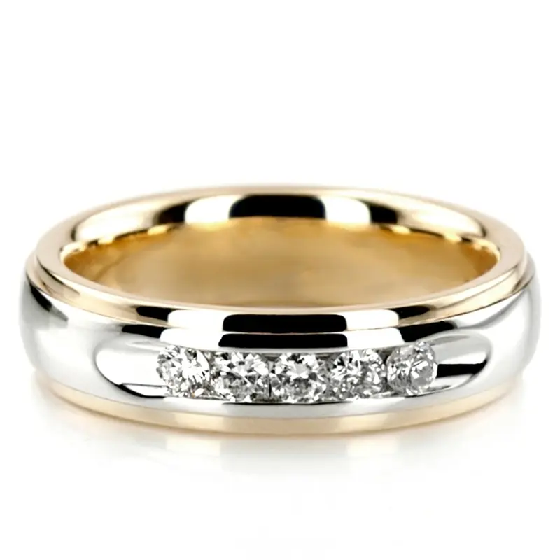 14K yellow-white-yellow gold 5mm. high polish diamond-classic-round-cut-channel-wedding-band - main view