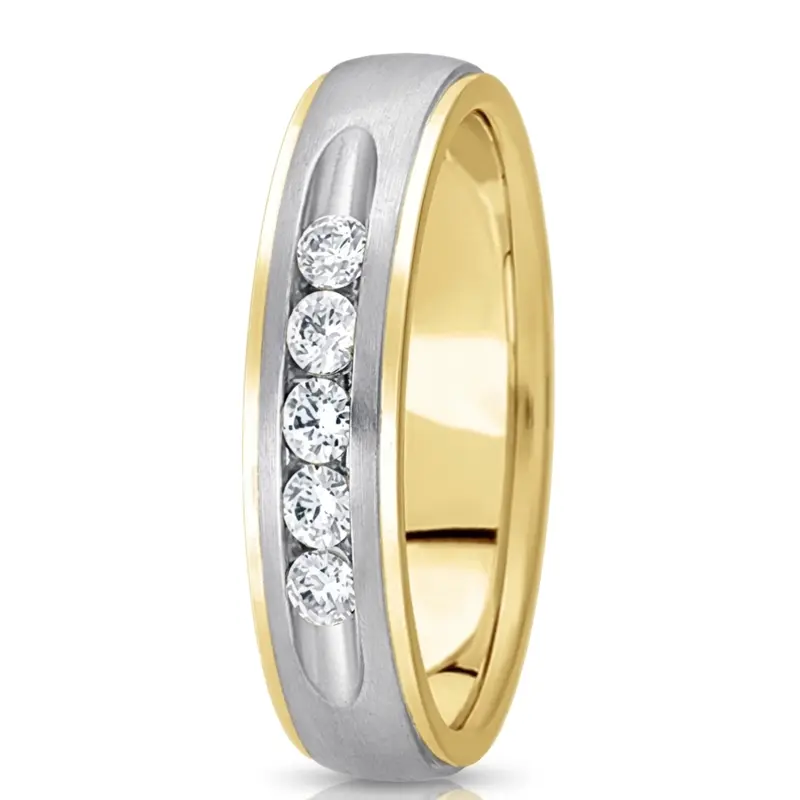 14K yellow-white-yellow gold 5mm. satin diamond-classic-round-cut-channel-wedding-band - alternate view 7