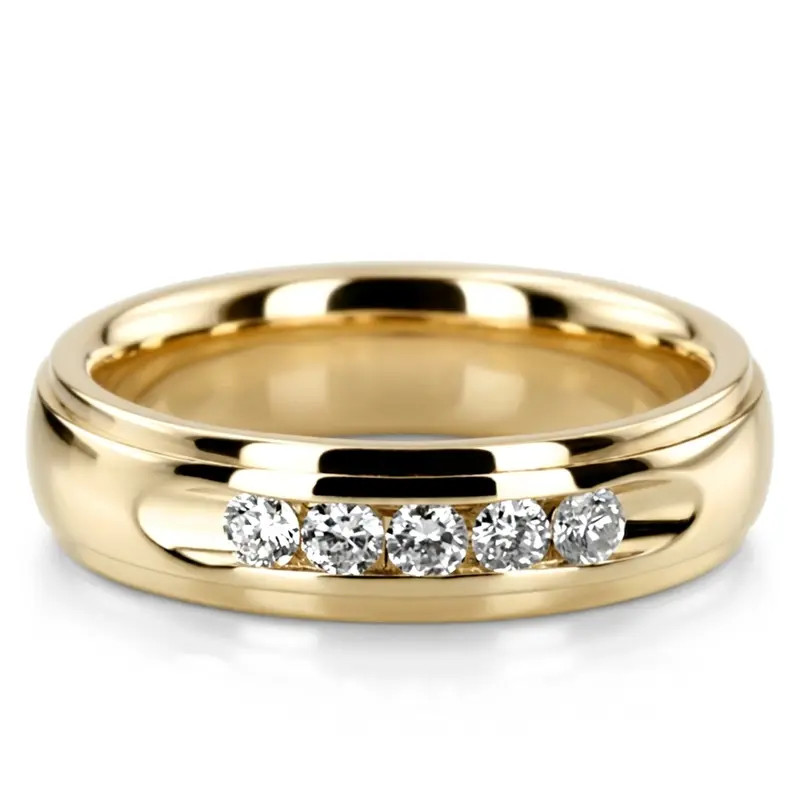 14K yellow gold 5mm. high polish diamond-classic-round-cut-channel-wedding-band - alternate view 3