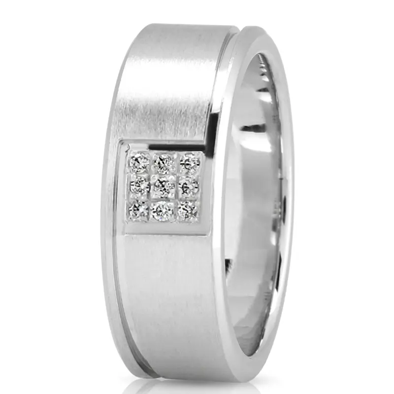 10K all white gold 8mm. satin Pave-Set-Diamond-Wedding-Ring - main view
