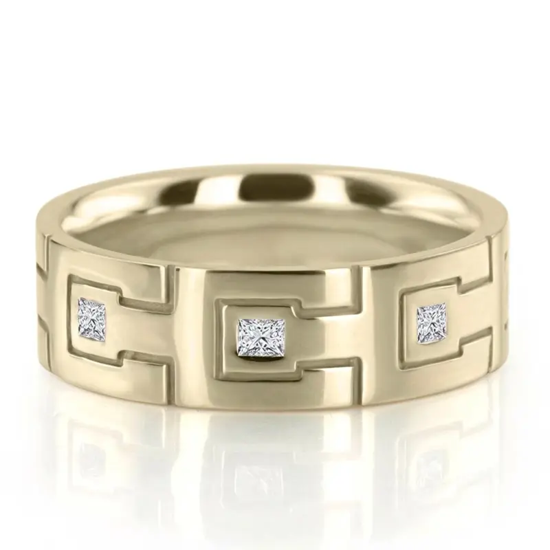 18K yellow gold 7mm. high polish Greek-Key-Princess-Diamond-Wedding-Band - alternate view 6