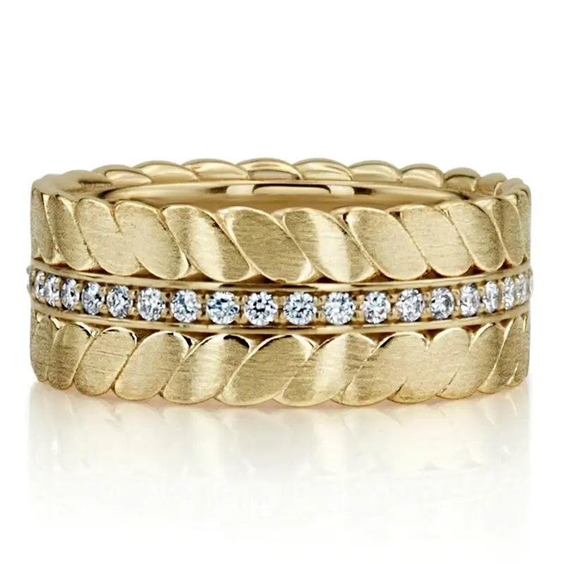 14K yellow gold 9.5mm. satin finish Braided-Look-Diamond-Wedding-Ring - alternate view 3