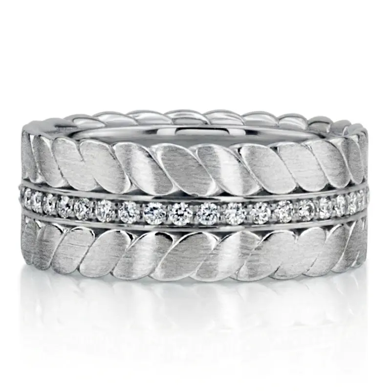 14K white gold 9.5mm. satin finish Braided-Look-Diamond-Wedding-Ring - main view