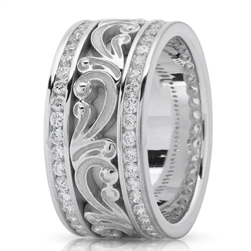 14K white gold 11mm. high polish Floral-Carved-Diamond-Wedding-Ring - alternate view 2