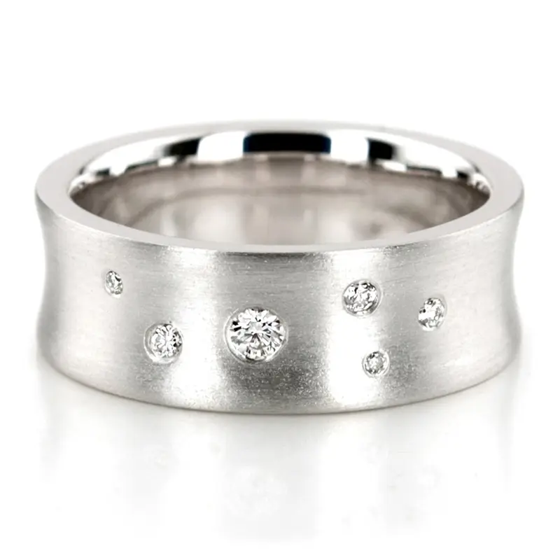 14K white gold 7mm. high polish Scattered-Concave-Diamond-Wedding-Band - main view