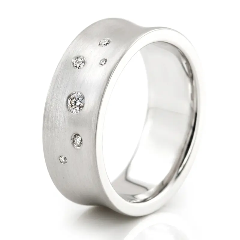 14K white gold 7mm. high polish Scattered-Concave-Diamond-Wedding-Band - alternate view 3