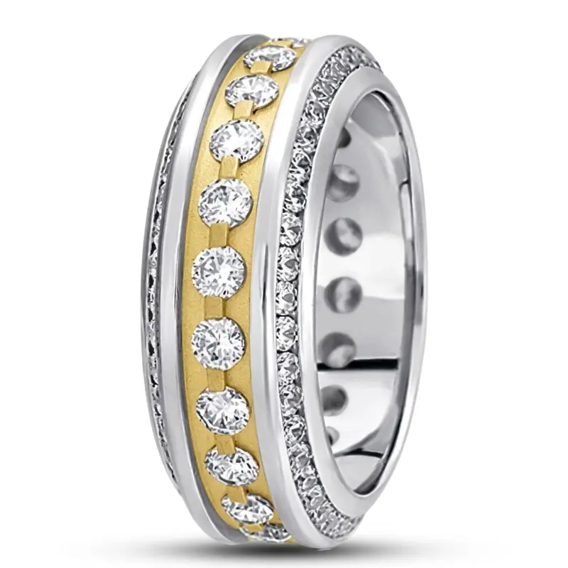 14K white-yellow-white gold 9mm. satin diamond-classic-round-cut-channel-wedding-band - alternate view 4