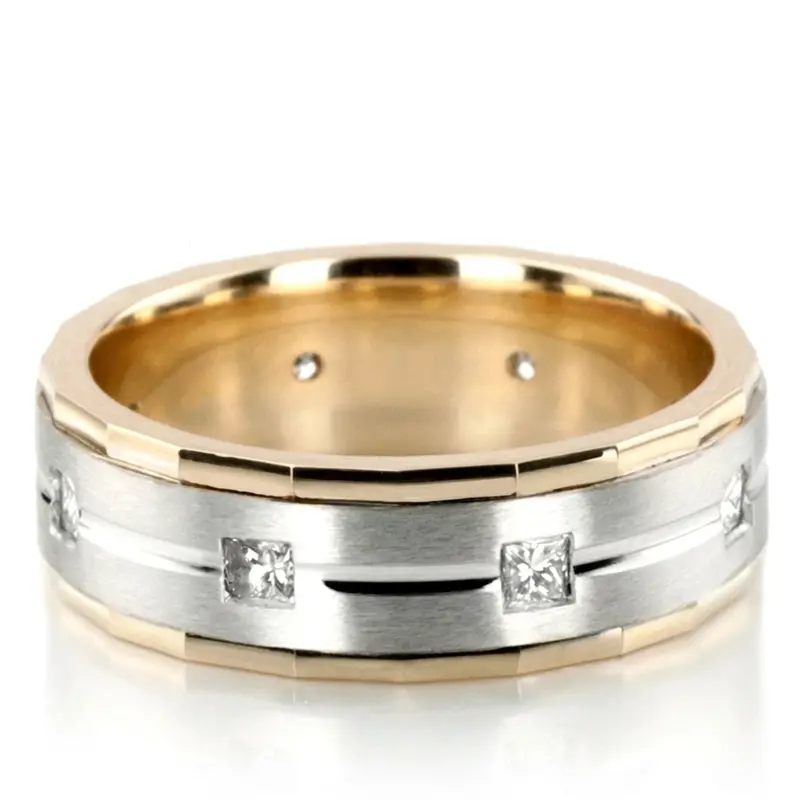 14K yellow-white-yellow gold 7mm. satin diamond-classic-princess-cut-wedding-band - main view