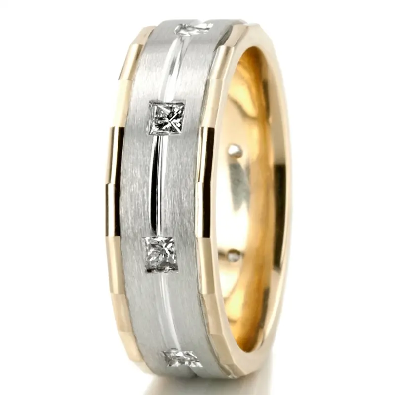 14K yellow-white-yellow gold 7mm. satin diamond-classic-princess-cut-wedding-band - alternate view 5