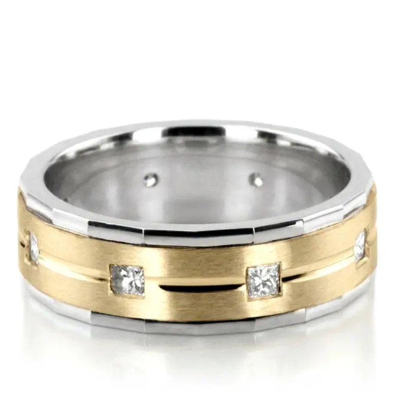 14K white-yellow-white gold 7mm. satin diamond-classic-princess-cut-wedding-band - alternate view 2