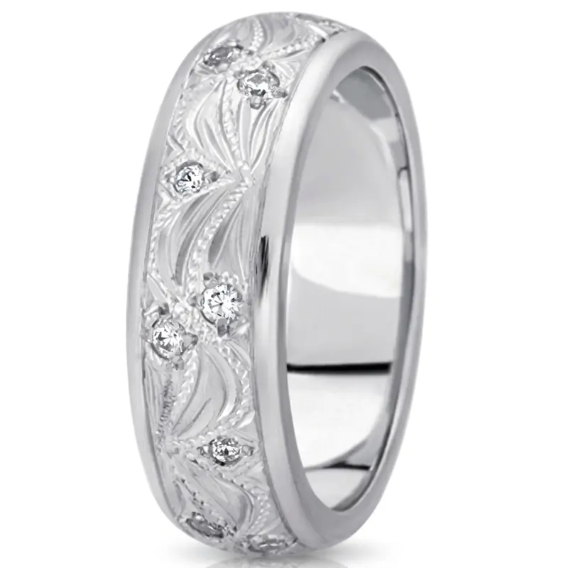platinum 7mm. high polish Pave-Set-Floral-Diamond-Wedding-Band - main view