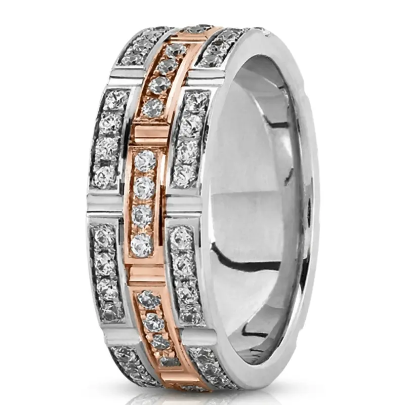 14K white-pink-white gold 8mm. high polish Exquisite-Diamond-Wedding-Band - main view