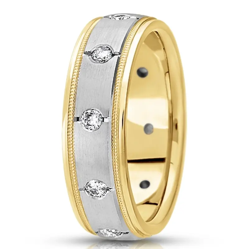 18K yellow-white-yellow gold 7mm. satin round-diamond-classic-wedding-ring - alternate view 4