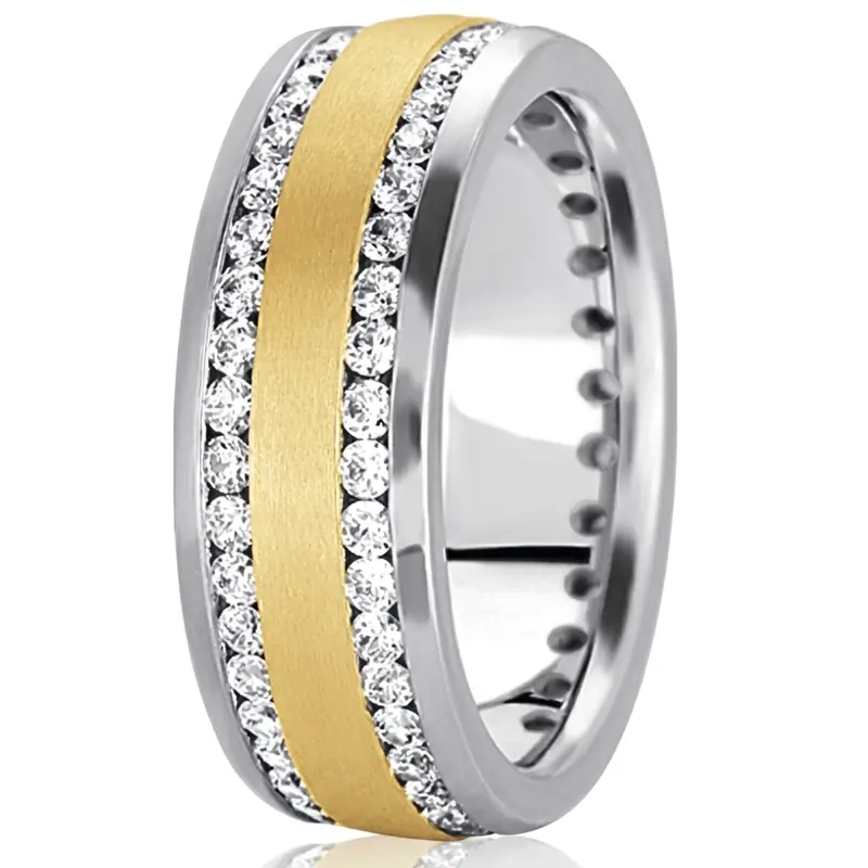 18K white-yellow-white gold 8.5mm. satin diamond-classic-round-cut-wedding-band - alternate view 3