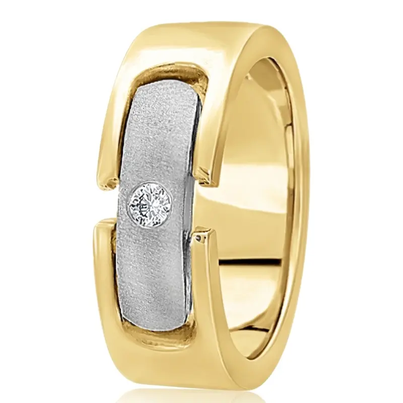 18K yellow-white-yellow gold 7.5mm. satin diamond-classic-round-cut-wedding-band - alternate view 5