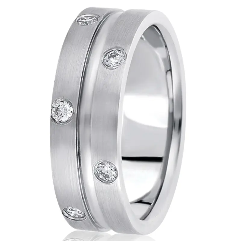 14K white gold 8mm. satin diamond-classic-round-cut-wedding-band - alternate view 2