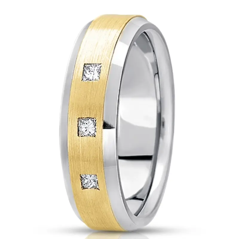 14K white-yellow-white gold 7mm. satin diamond-classic-princess-cut-wedding-band - main view