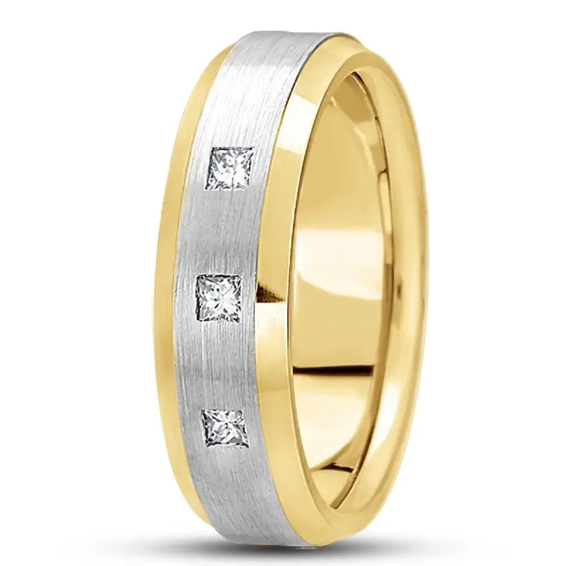 14K yellow-white-yellow gold 7mm. satin diamond-classic-princess-cut-wedding-band - alternate view 4