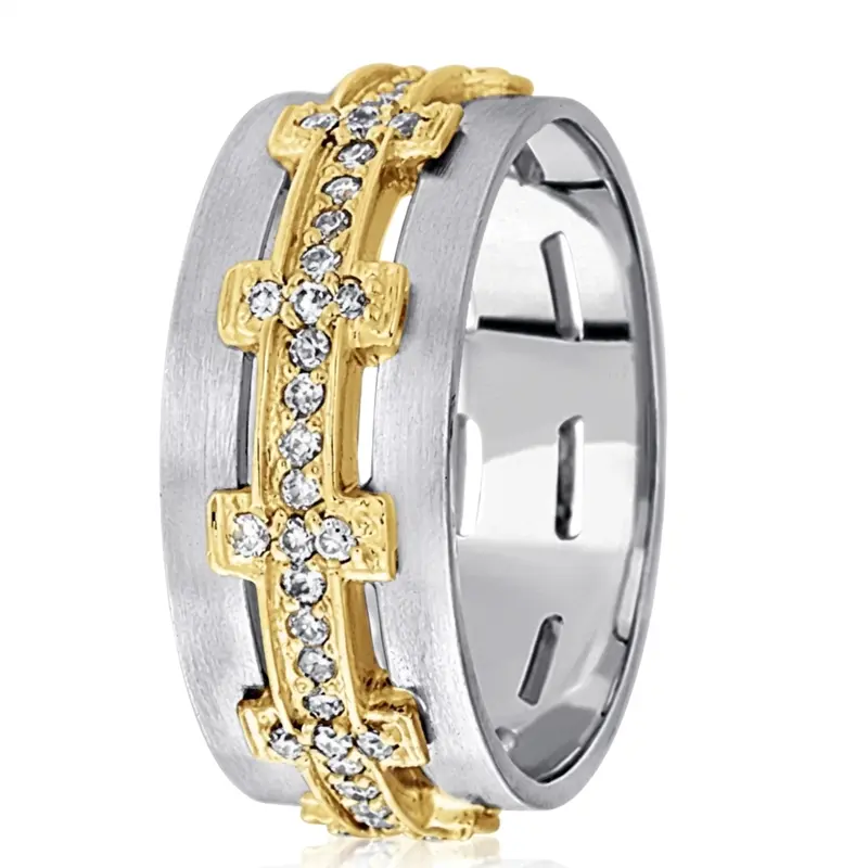 10K white-yellow-white gold 9mm. satin diamond-classic-round-cut-wedding-ring - main view