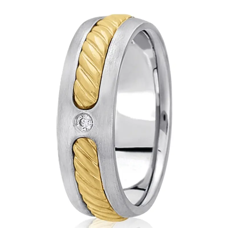 10K white-yellow-white gold 7mm. satin diamond-classic-round-cut-wedding-ring - main view