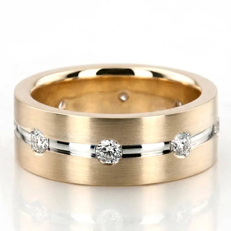 10K yellow-white-yellow gold 7mm. satin diamond-classic-round-cut-wedding-band - main view