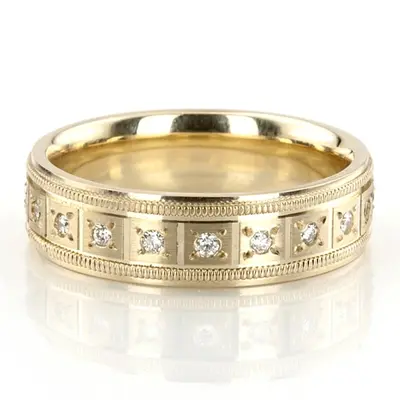 18K yellow gold 7mm. satin round-diamond-classic-wedding-ring - alternate view 2 thumbnail
