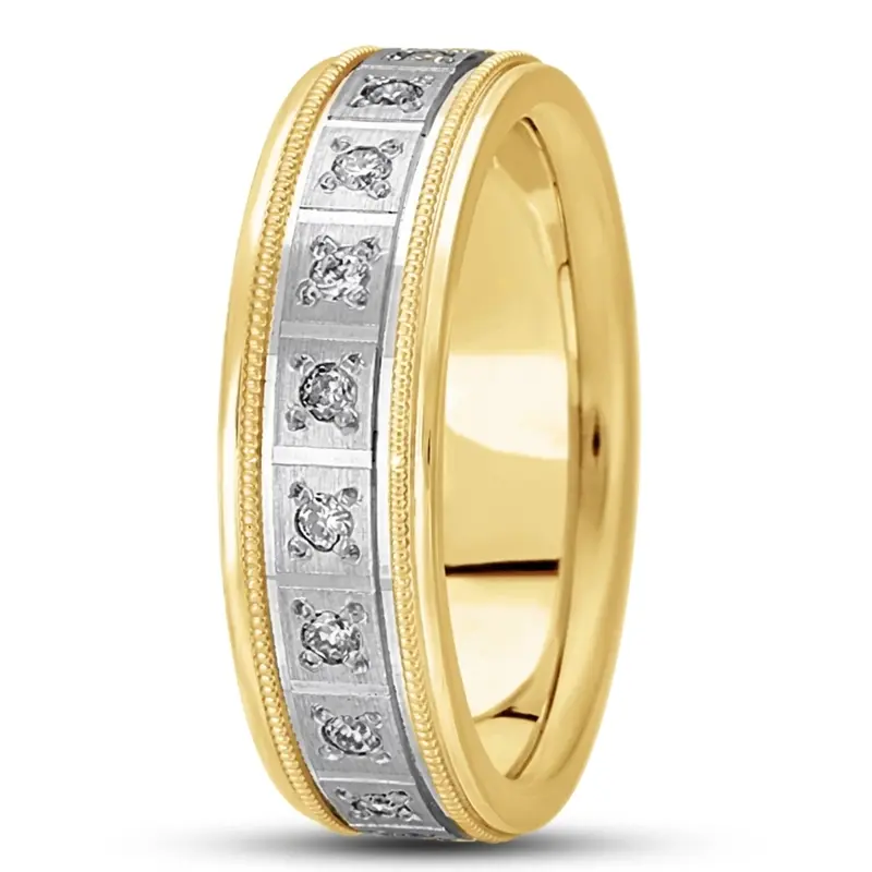 18K yellow-white-yellow gold 7mm. satin round-diamond-classic-wedding-ring - alternate view 5