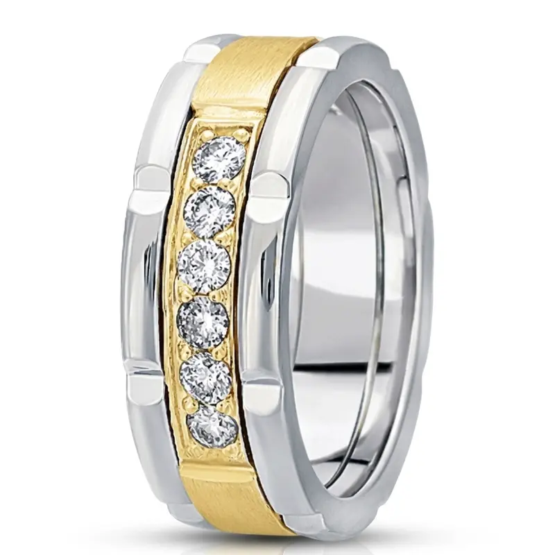 18K white-yellow-white gold 8.5mm. satin diamond-classic-round-cut-wedding-ring - alternate view 3