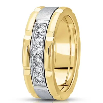 18K yellow-white-yellow gold 8.5mm. satin diamond-classic-round-cut-wedding-ring - alternate view 6 thumbnail