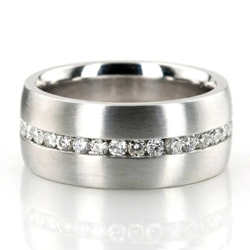 14K white gold 8.5mm. satin diamond-classic-round-cut-wedding-band - main view