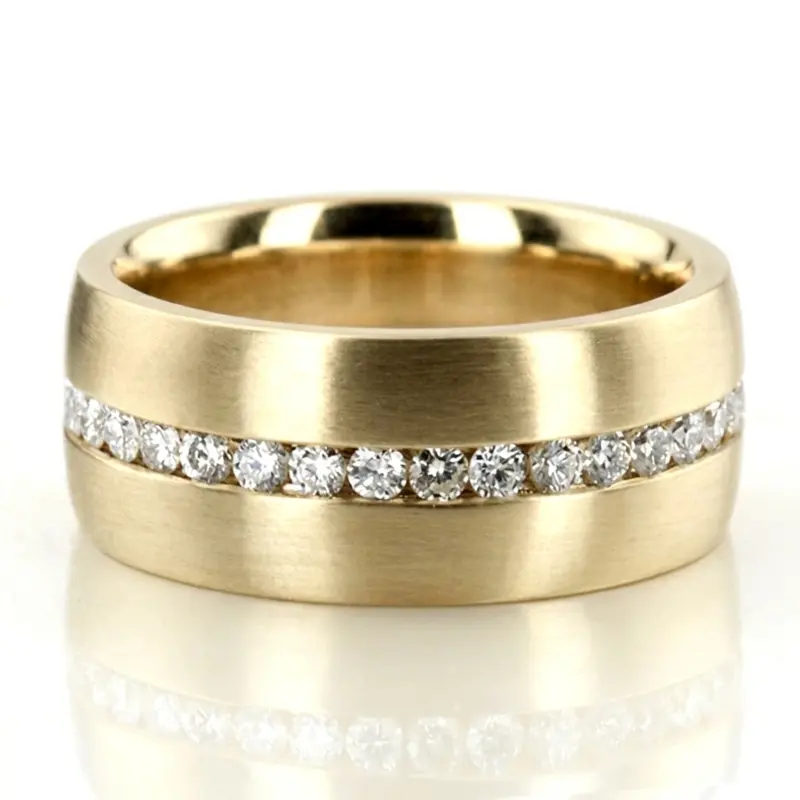 14K yellow gold 8.5mm. satin diamond-classic-round-cut-wedding-band - alternate view 2