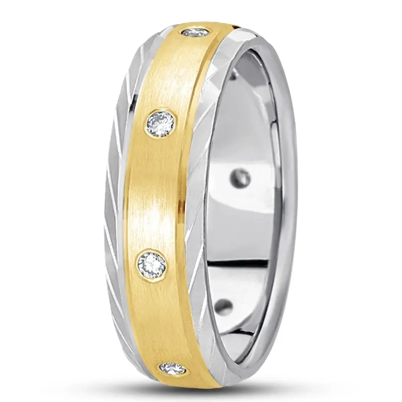 14K white-yellow-white gold 7mm. satin diamond-classic-round-wedding-band - alternate view 2