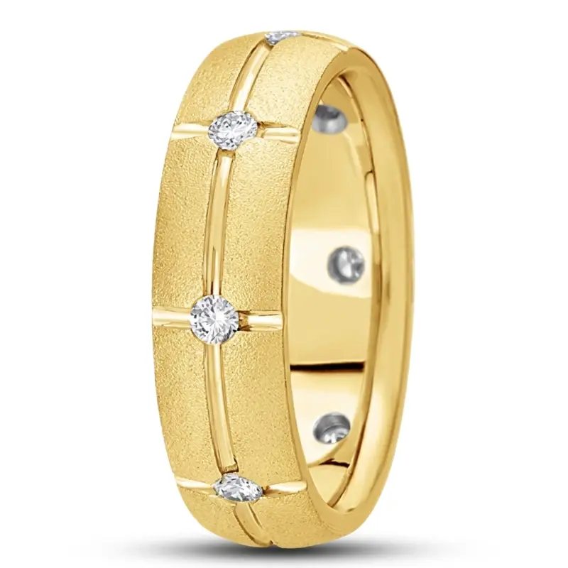 14K yellow gold 6mm. stone finish diamond-classic-round-wedding-ring - main view