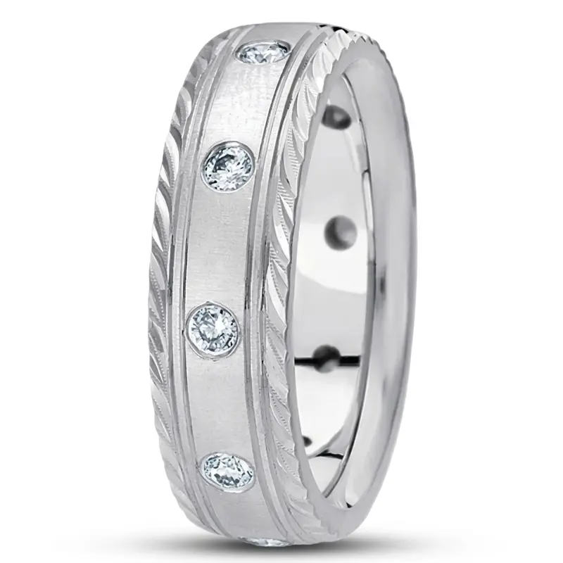 14K white gold 7mm. cross satin diamond-classic-round-wedding-band - main view