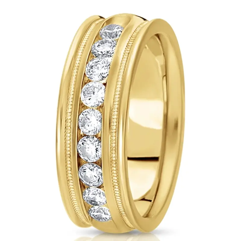 14K yellow gold 8mm. high polish diamond-classic-round-cut-channel-wedding-band - alternate view 3
