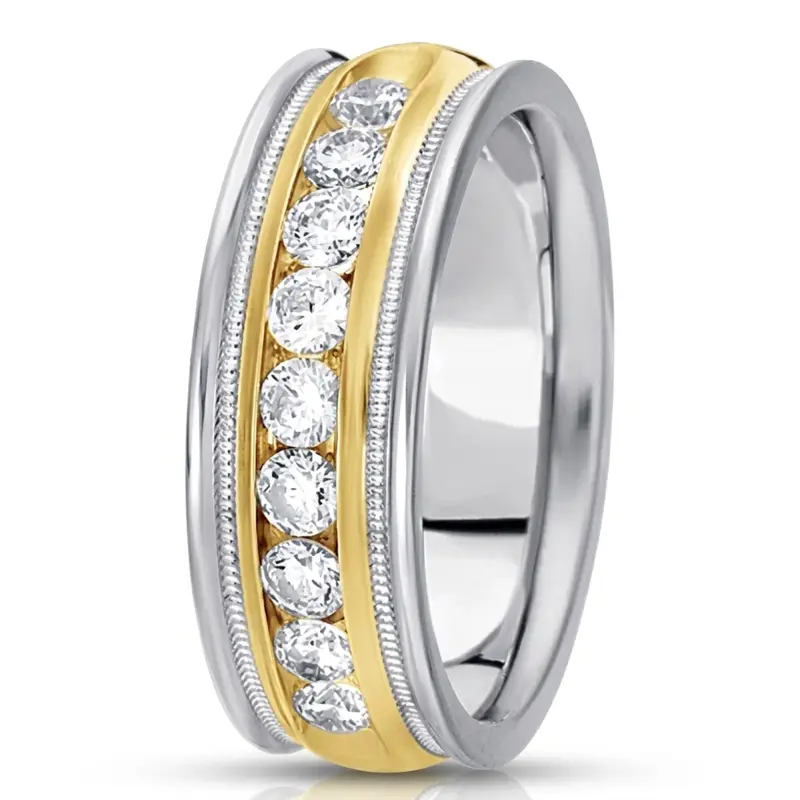 14K white-yellow-white gold 8mm. high polish diamond-classic-round-cut-channel-wedding-band - alternate view 6